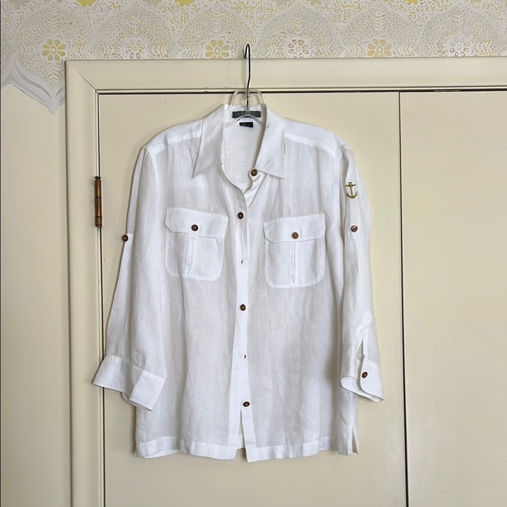 Lauren Ralph Lauren White Button Down Linen Shirt